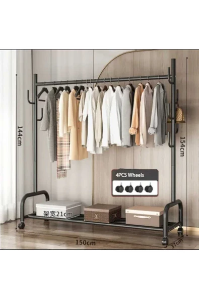 Metal Siyah Portmanto Konfeksiyon Askısı Ayaklı Askılık Elbise Askılığı Tekerlekli 154*150 Cm 6014 - 3