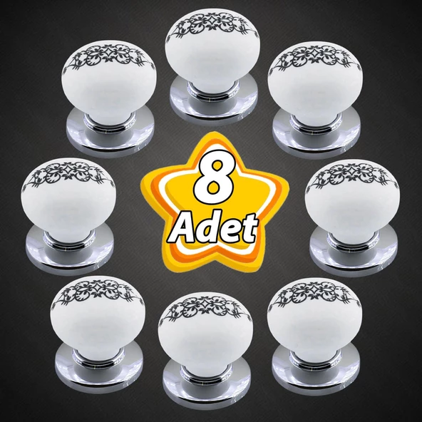 8 Adet Hanımeli Kulp Beyaz Polimer Düğme Kulp Krom Tablalı Mobilya Mutfak Dolabı Çekmece Kulbu Kulpları