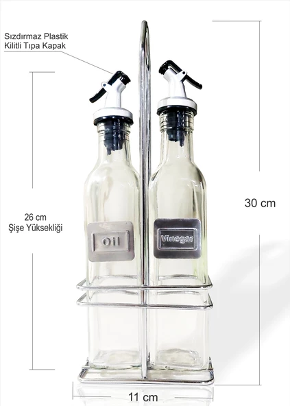 Büyük 250cc İkili Kilitli Sızdırmaz Tıpalı Çelik Standlı Sosluk Sirkelik Yağdanlık Yağlık Cam Şişe - 3