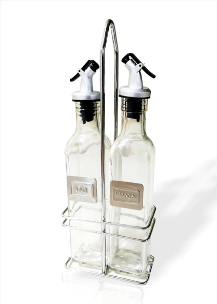 Büyük 250cc İkili Kilitli Sızdırmaz Tıpalı Çelik Standlı Sosluk Sirkelik Yağdanlık Yağlık Cam Şişe - 2