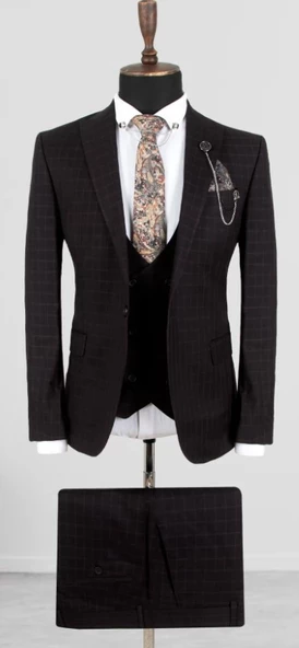 Erkek Siyah-mor Pötikare Desenli Slim Fit 3'lü Takım Elbise