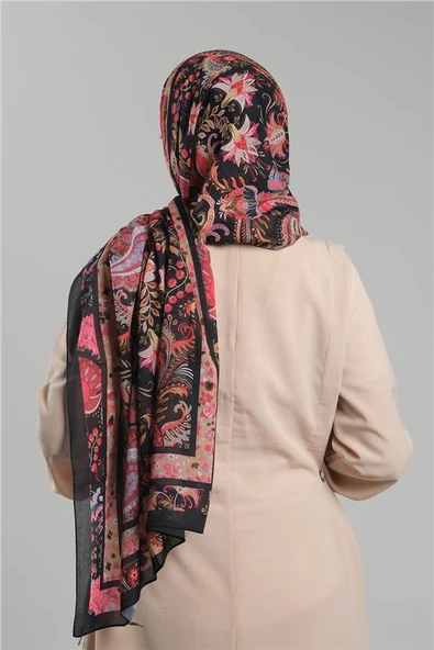 Siyah Desenli Şal Kesik Elyaf Dijital Baskılı Pamuksu Etnik 202114_01 - Resim 3
