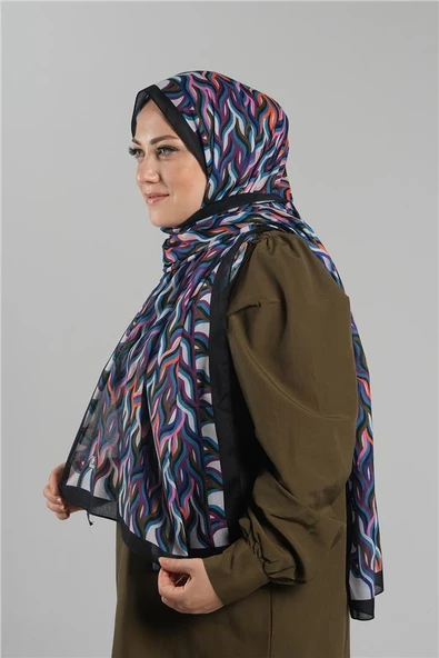 Siyah Desenli Şal Kesik Elyaf Dijital Baskılı Pamuksu Çizgili 202115_01 - Resim 2