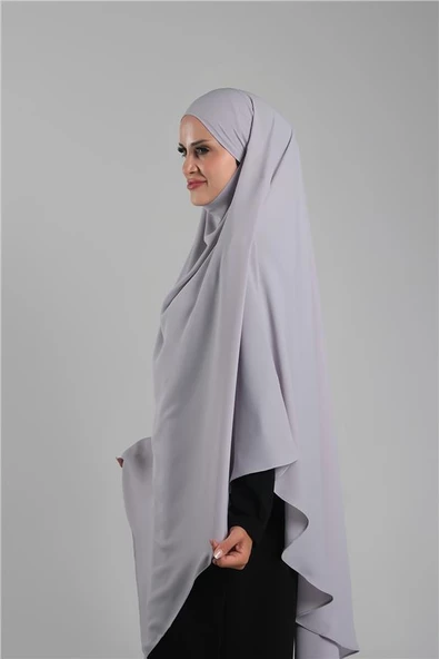 Gri Pratik Hazır Geçmeli Tesettür Eşarp Krep Bağcıklı Sufle Hijab 2313_15 - Resim 3