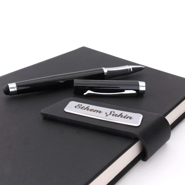 İsme Özel Mıknatıslı Defter Padli Roller Kalem Seti Siyah - 3