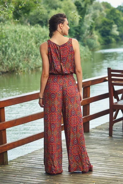 Bohem Beli Lastikli Düğmeli Tulum Elbise - 4