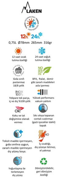 Laken Çelik 18/8 Futura Termos Şişe 0,75L - Kırmızı LKTE7R - 2