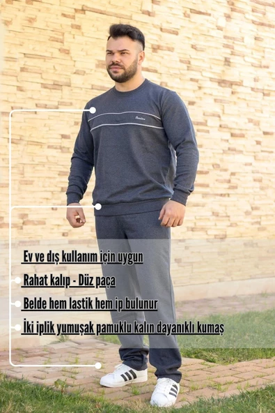 Indigo Mavi Battal Büyük - Normal Beden Kalın Sweat Erkek Eşofman Takımı 21EESTBAKT - 7