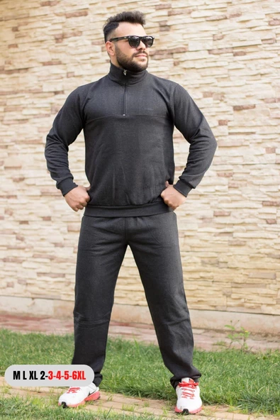 Antrasit Battal Büyük - Normal Beden Yarım Fermuarlı Erkek Eşofman Takımı 21EESTYAKT - 9