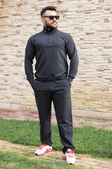 Antrasit Battal Büyük - Normal Beden Yarım Fermuarlı Erkek Eşofman Takımı 21EESTYAKT - 4