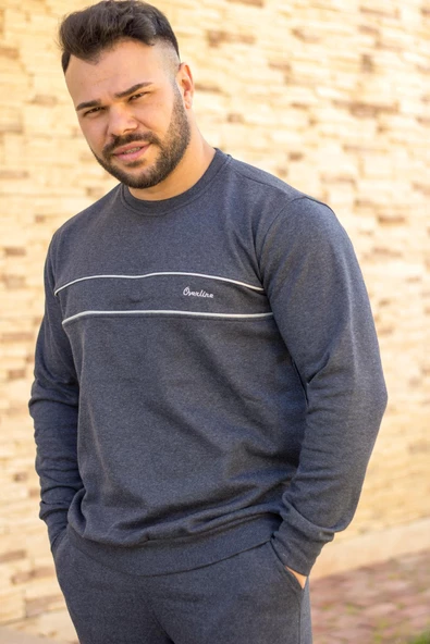 Indigo Mavi Battal Büyük - Normal Beden Kalın Sweat Erkek Eşofman Takımı 21EESTBAKT - 3