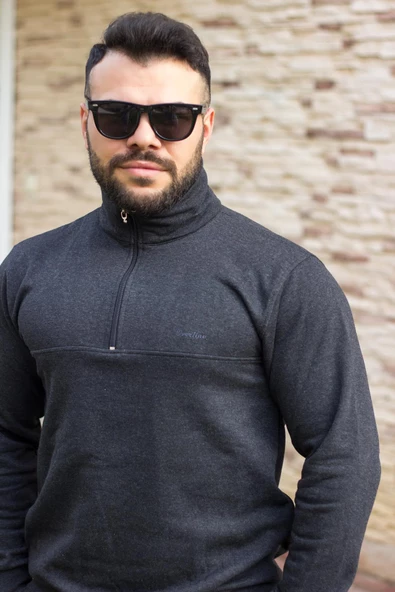 Antrasit Battal Büyük - Normal Beden Yarım Fermuarlı Erkek Eşofman Takımı 21EESTYAKT - 7