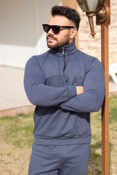 Indigo Mavi Battal Büyük - Normal Beden Yarım Fermuarlı Erkek Eşofman Takımı 21EESTYAKT - 4