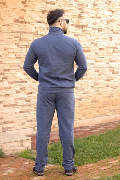 Indigo Mavi Battal Büyük - Normal Beden Yarım Fermuarlı Erkek Eşofman Takımı 21EESTYAKT - 7