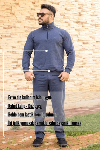 Indigo Mavi Battal Büyük - Normal Beden Yarım Fermuarlı Erkek Eşofman Takımı 21EESTYAKT - 3
