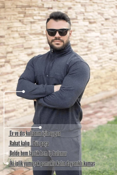 Antrasit Battal Büyük - Normal Beden Yarım Fermuarlı Erkek Eşofman Takımı 21EESTYAKT - 3