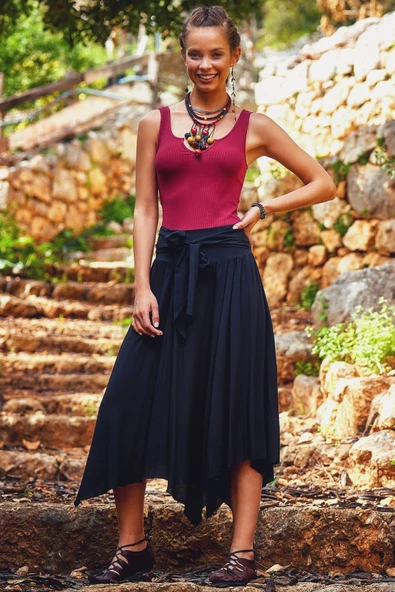 Beli Bağlamalı Salaş Midi Kloş Etek - Resim 3