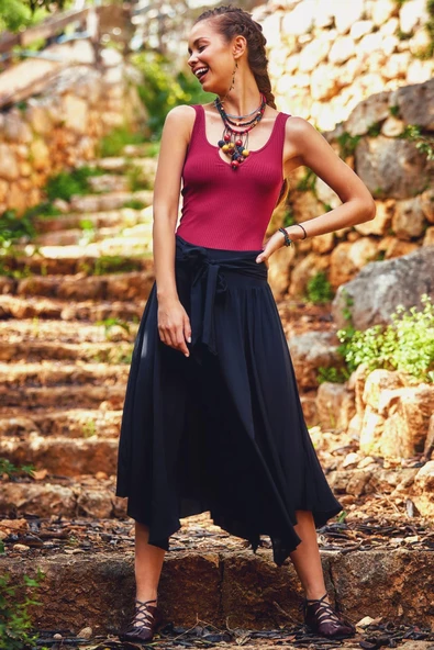 Beli Bağlamalı Salaş Midi Kloş Etek - Resim 2