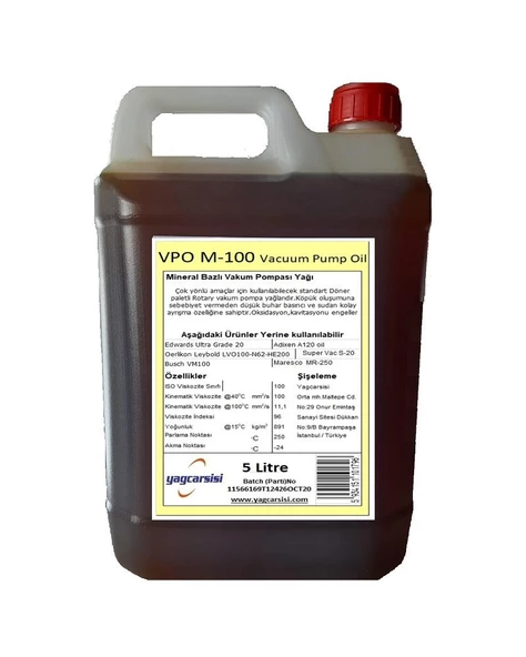 VPO M-100 VAKUM POMPASI YAĞI-5 L(Leybold LVO100-N62-HE200-Busch VM100-Edwards Ultra Grade 20)