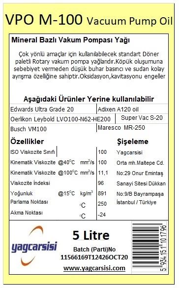 VPO M-100 VAKUM POMPASI YAĞI-5 L(Leybold LVO100-N62-HE200-Busch VM100-Edwards Ultra Grade 20) - 5
