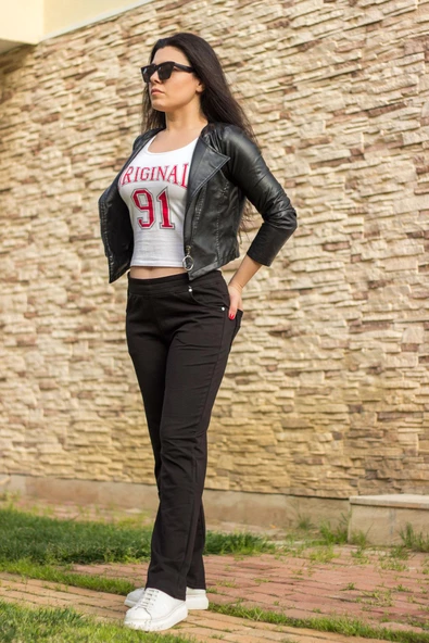 Kadın Siyah Ön Arka Cep Gizli İpli Lastikli Rahat Pantolon Eşofman Altı 21KESAPANT - 5