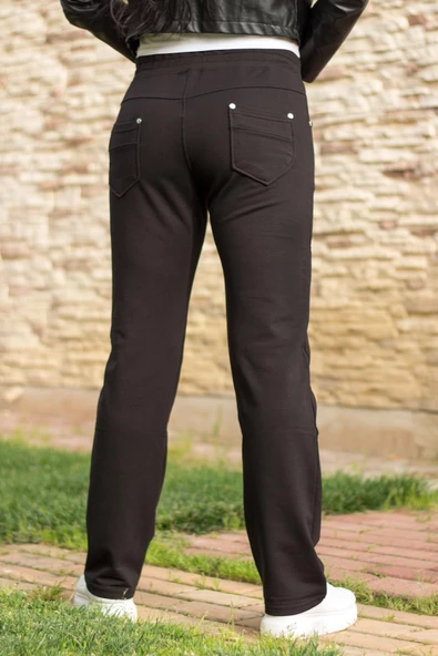 Kadın Siyah Ön Arka Cep Gizli İpli Lastikli Rahat Pantolon Eşofman Altı 21KESAPANT - 7