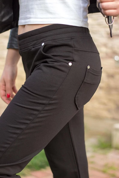Kadın Siyah Ön Arka Cep Gizli İpli Lastikli Rahat Pantolon Eşofman Altı 21KESAPANT - 3