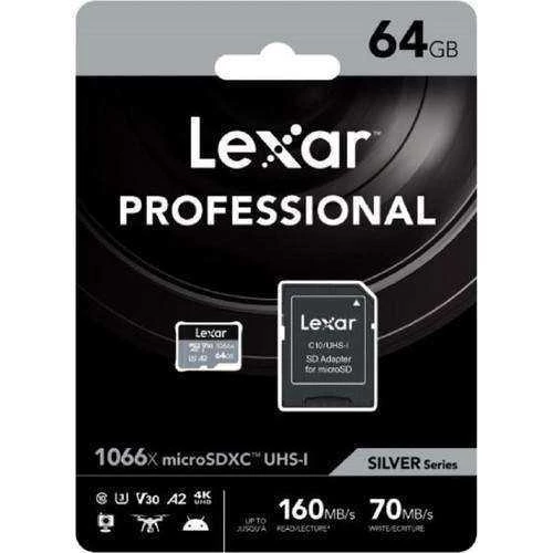 Lexar 64GB Professional 1066X UHS-I MicroSDXC Memory Card + SD Adaptör (Silver Series)