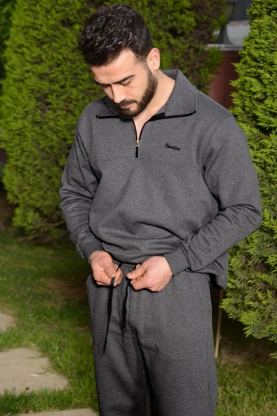 Koyu Gri Battal Büyük - Normal Beden Bol Paça Yarım Fermuarlı Pamuklu Erkek Eşofman Takımı 21EESTYAKT - 4