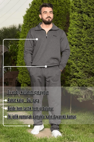 Koyu Gri Battal Büyük - Normal Beden Bol Paça Yarım Fermuarlı Pamuklu Erkek Eşofman Takımı 21EESTYAKT - 3