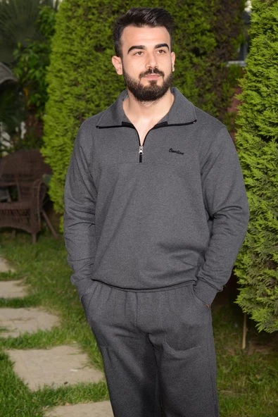 Koyu Gri Battal Büyük - Normal Beden Bol Paça Yarım Fermuarlı Pamuklu Erkek Eşofman Takımı 21EESTYAKT - 6