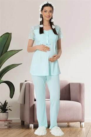 Mecit 5422 Turkuaz Dantel Detaylı Hamile Lohusa Pijama Tk - 2
