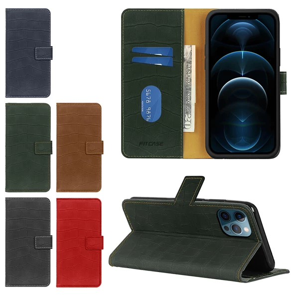 iPhone 12 / 12 Pro Kılıf Kroko Desen Kapaklı Cüzdanlı