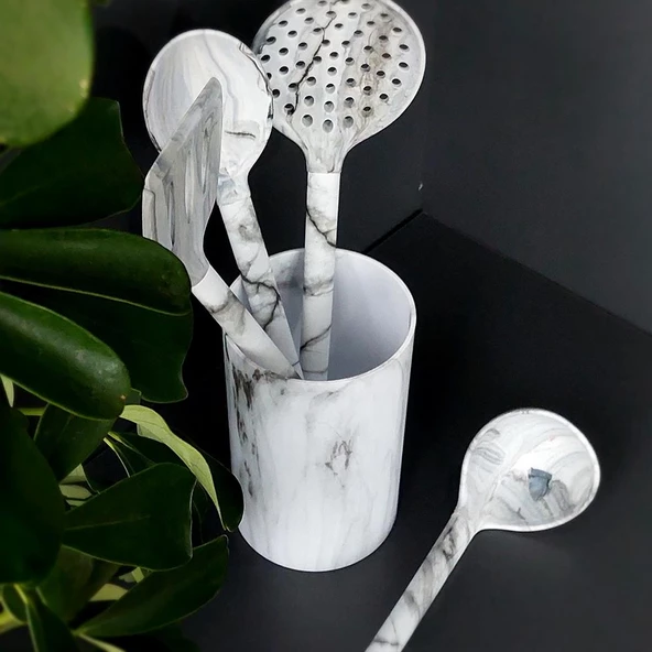 Silikon Servis Seti - Mermer Desenli Kepçe Kevgir Takımı - 5 Parça, Stantlı - 3