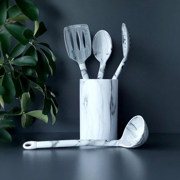 Silikon Servis Seti - Mermer Desenli Kepçe Kevgir Takımı - 5 Parça, Stantlı