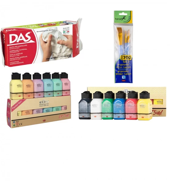 Seramik Başlangıç Seti (Artdeco Akrilik PASTEL 6x75ml +Artdeco 6x75ml CANLI Renkler+ Das 500 gr Seramik Kili + Fanart Ergo 700 Set 2 Fırça Seti)