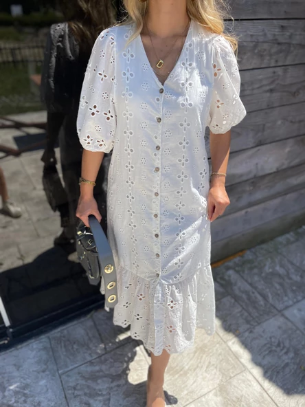 Kadın V Yaka Beyaz Fisto Elbise - 2