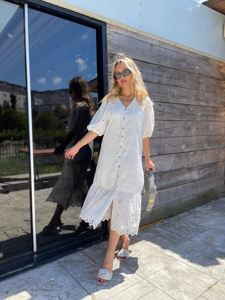 Kadın V Yaka Beyaz Fisto Elbise - 3