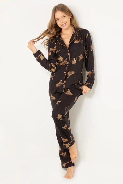 DoReMi Leoparlı Doğal Viskon Soft Yumuşak Düğmeli Pijama Takımı - 5