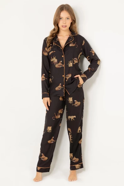 DoReMi Leoparlı Doğal Viskon Soft Yumuşak Düğmeli Pijama Takımı - 8