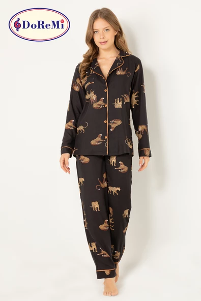 DoReMi Leoparlı Doğal Viskon Soft Yumuşak Düğmeli Pijama Takımı - 11
