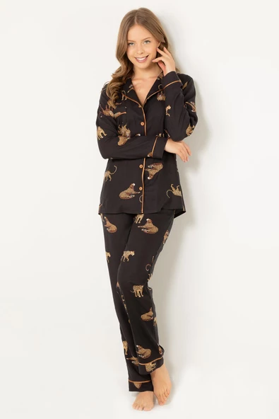 DoReMi Leoparlı Doğal Viskon Soft Yumuşak Düğmeli Pijama Takımı - 3