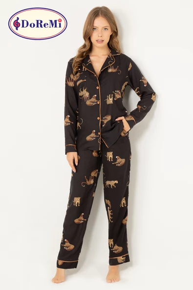 DoReMi Leoparlı Doğal Viskon Soft Yumuşak Düğmeli Pijama Takımı - 10