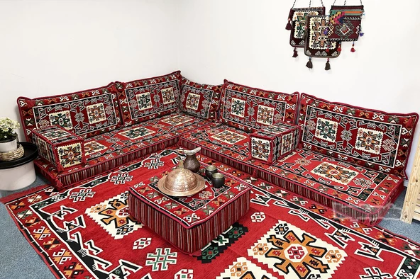 Shark Anatolia Bergama Şark Köşesi İkili Sedir Takımı Kırmızı - 6