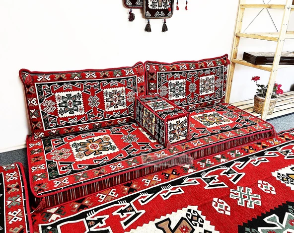 Shark Anatolia Bergama Şark Köşesi İkili Sedir Takımı Kırmızı - 3