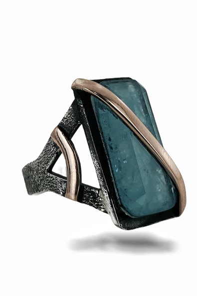 Doğal Aquamarine El Üretim Özel Kalite 925 Gümüş Yüzük - Resim 3