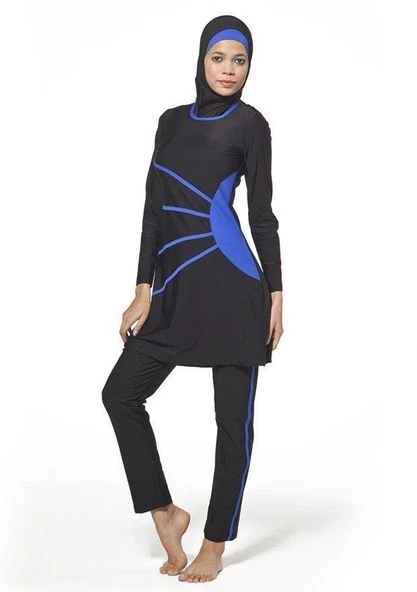 ADASEA 0385 SİYAH-MAVİ TAM BOY LYCRALI TESETTÜR MAYO - Resim 3