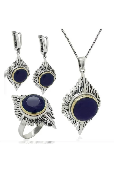 Gümüş Testere El işi Tasarım Üçlü Set Safir