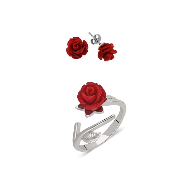 925 Ayar Gümüş Ayarlanabilir Yüzük ve Küpe Seti - 2