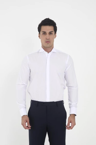 Brianze Beyaz Ata Yaka Damatlık Slim Fit Gömlek ( Kol Düğmesi Hediye )